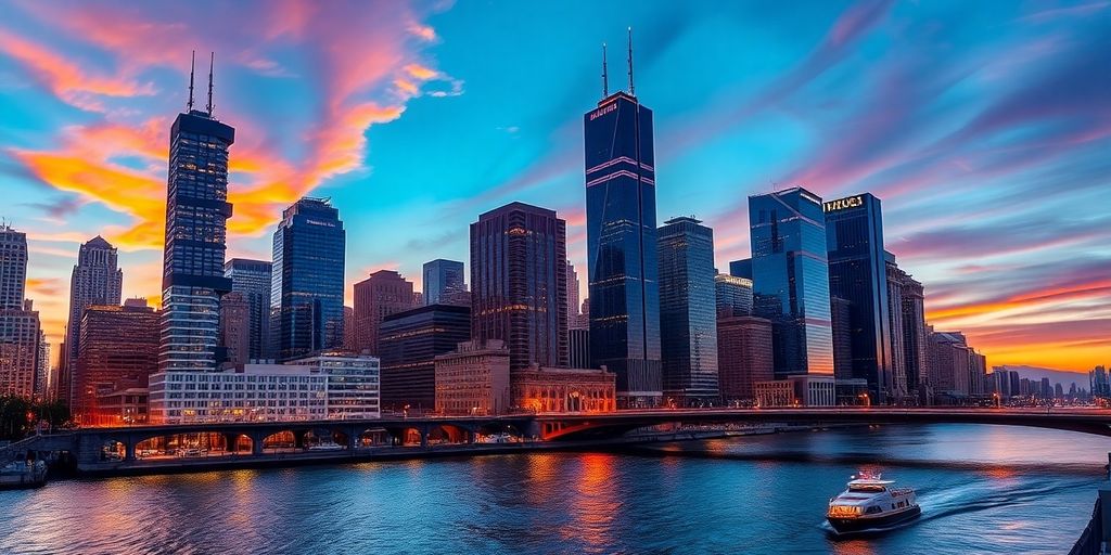 Chicago skyline, modern buildings, river