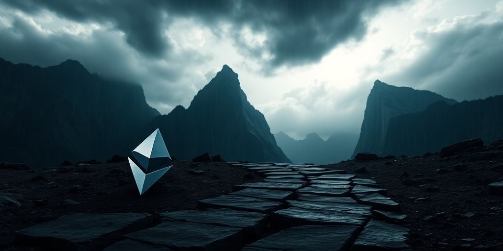 Stormy sky above cracked path, jagged mountains, half-buried Ethereum logo.