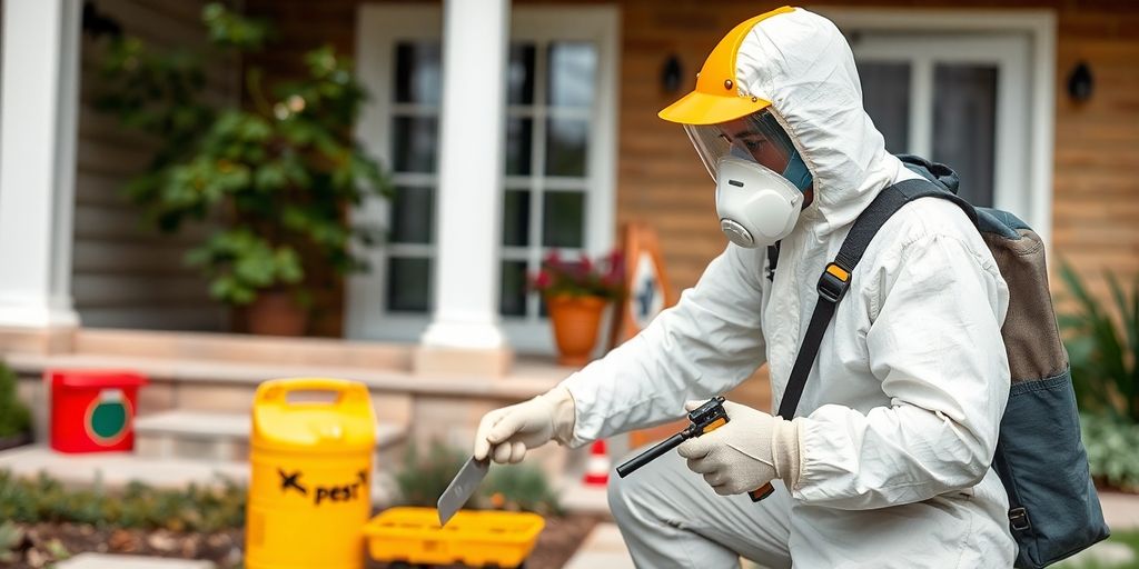 Expert în dezinsecție cu echipament de protecție.