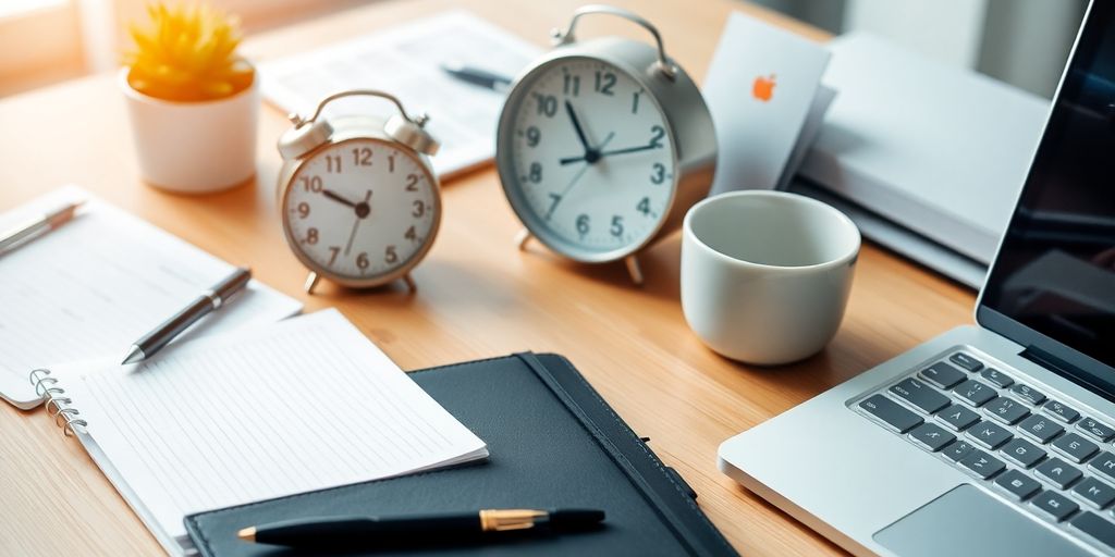 Workspace with planner, clock, and laptop for productivity.