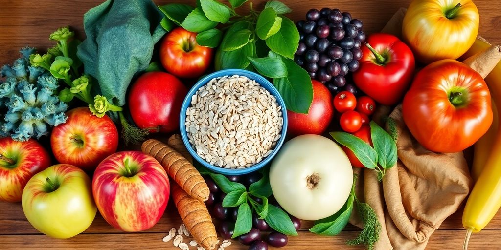 Frutas e vegetais ricos em fibras solúveis.