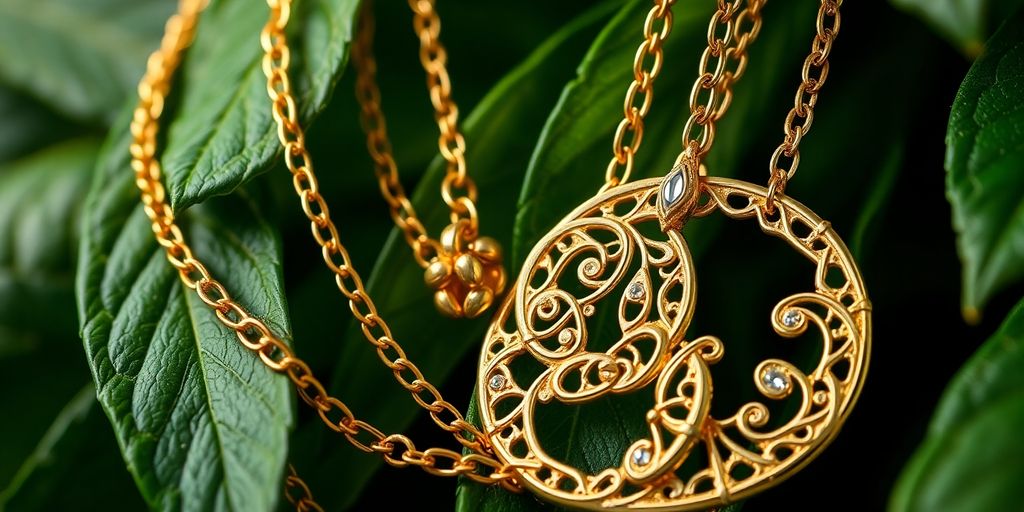 Bijoux en or recyclé avec des feuilles vertes.