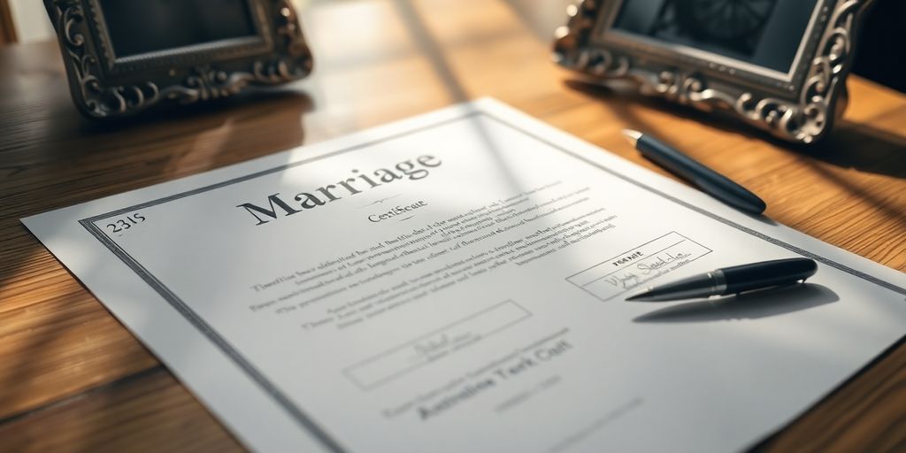 Marriage certificate on a table with a pen.