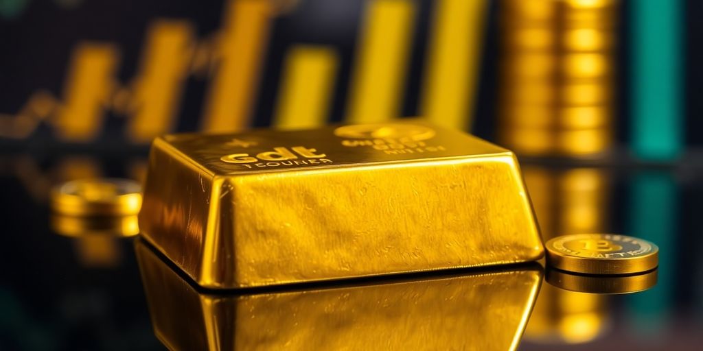 Un lingot d'or sur une surface réfléchissante.