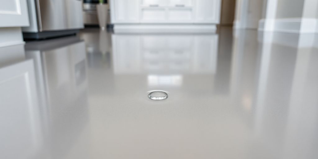 Sleek kitchen, epoxy floor, durable, clean surface.
