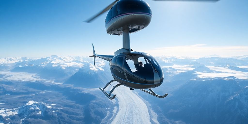 A helicopter flying over majestic Alaskan mountains and glaciers.