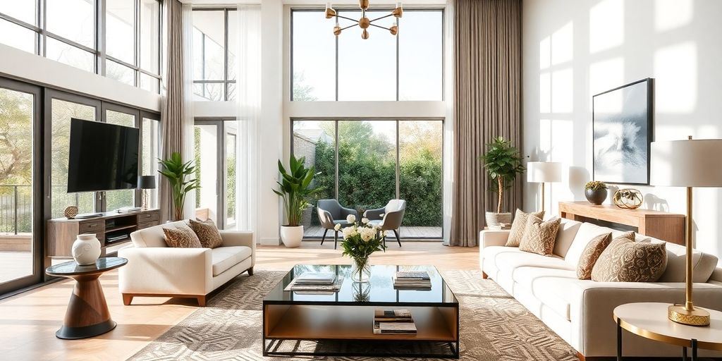 Modern remodeled living room with elegant furnishings and lighting.