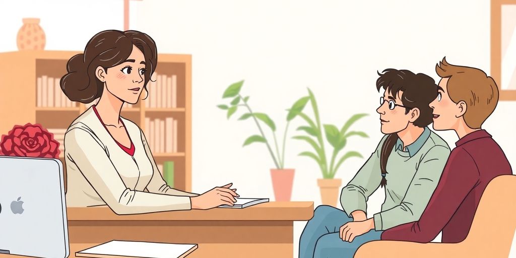 Social worker counseling family in office.