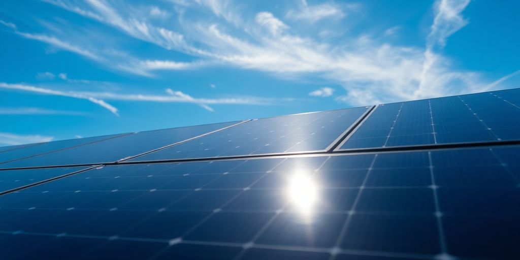 Bright solar panels, blue sky, houses in the background.