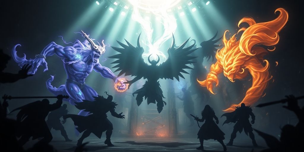 League of Legends champions battling in a vibrant arena.