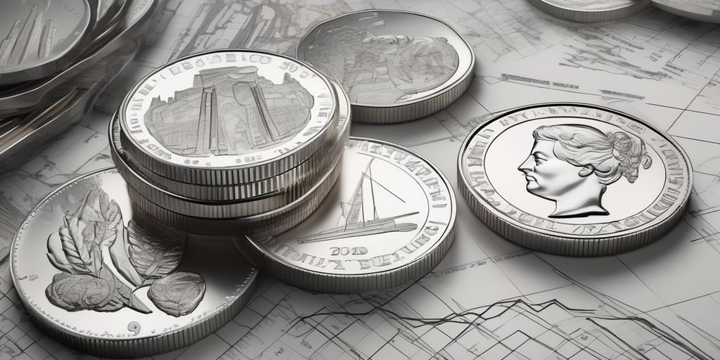 silver coins and bars with historical background and modern financial charts