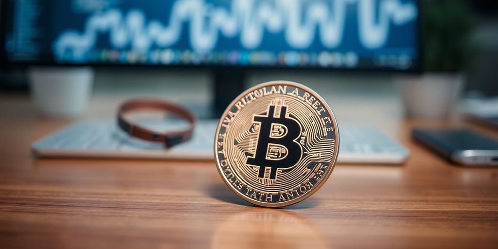 Physical Bitcoin coin on a wooden surface.