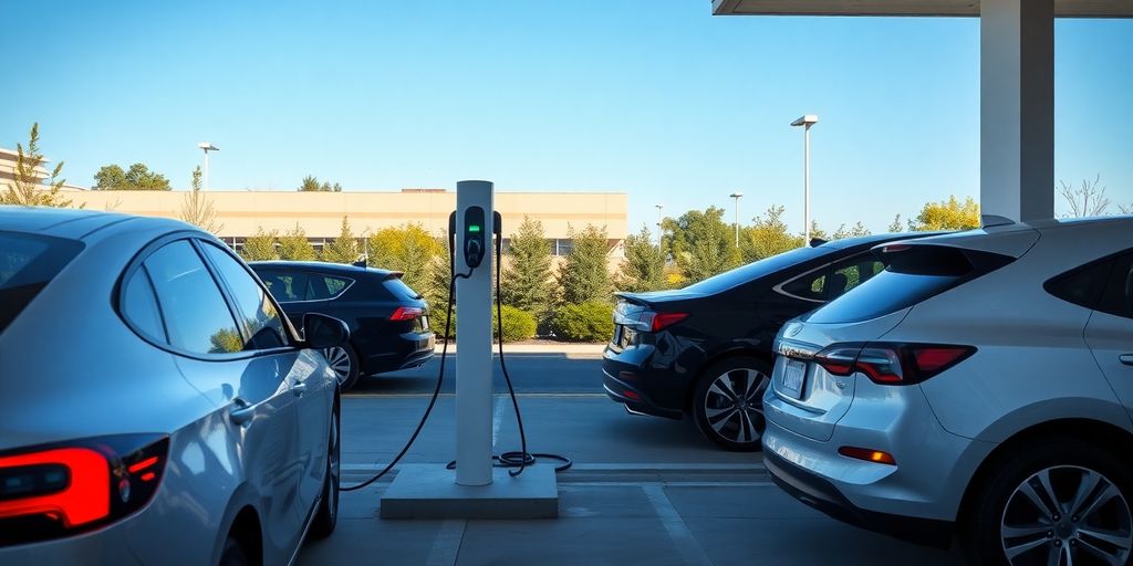 Cars charging at outdoor station.