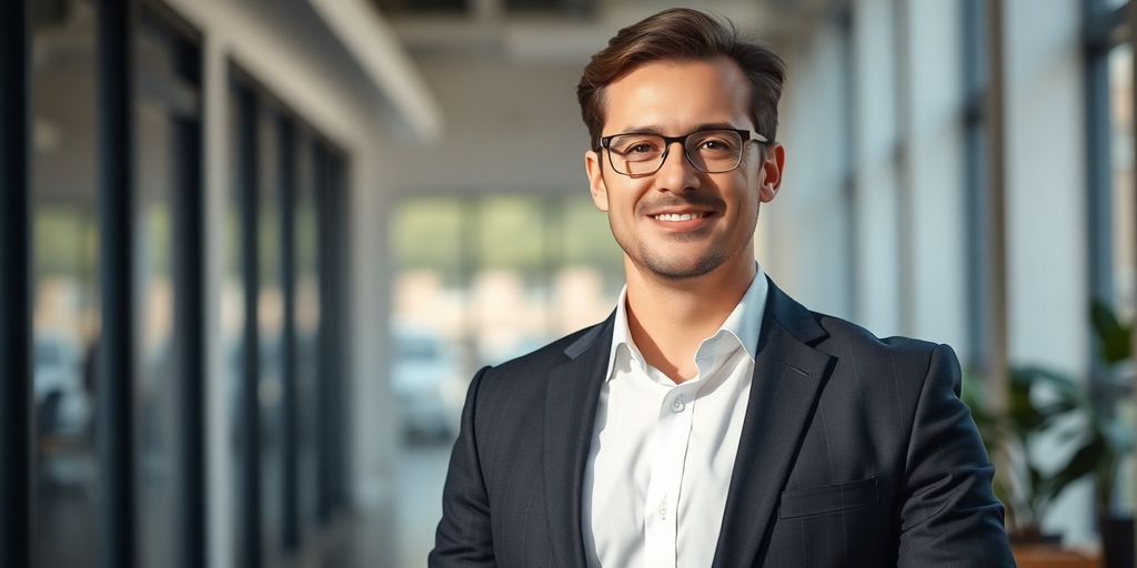 Professional standing in a modern office.