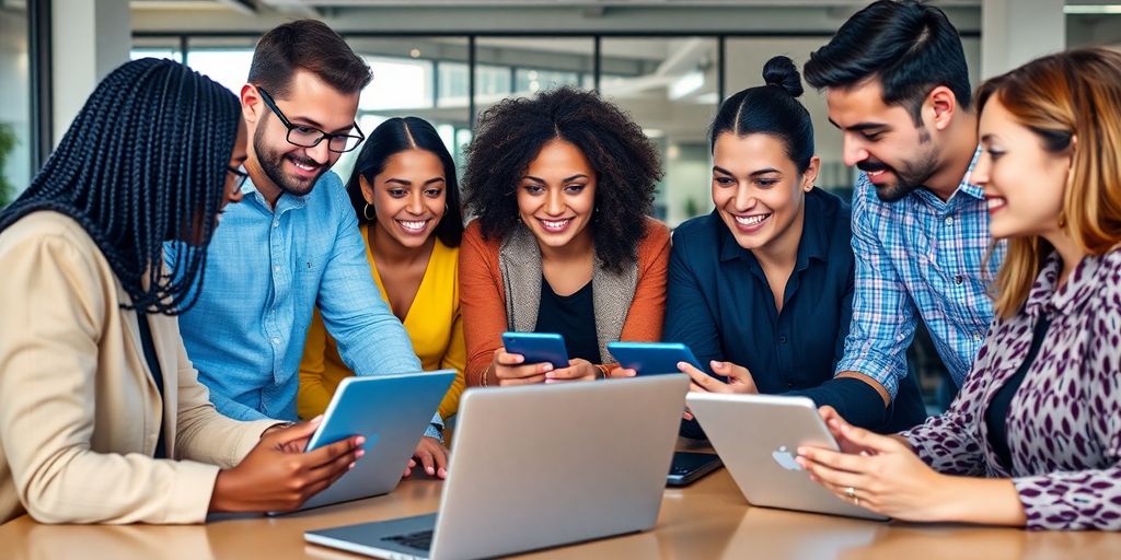 Diverse team working on conversational AI technology together.