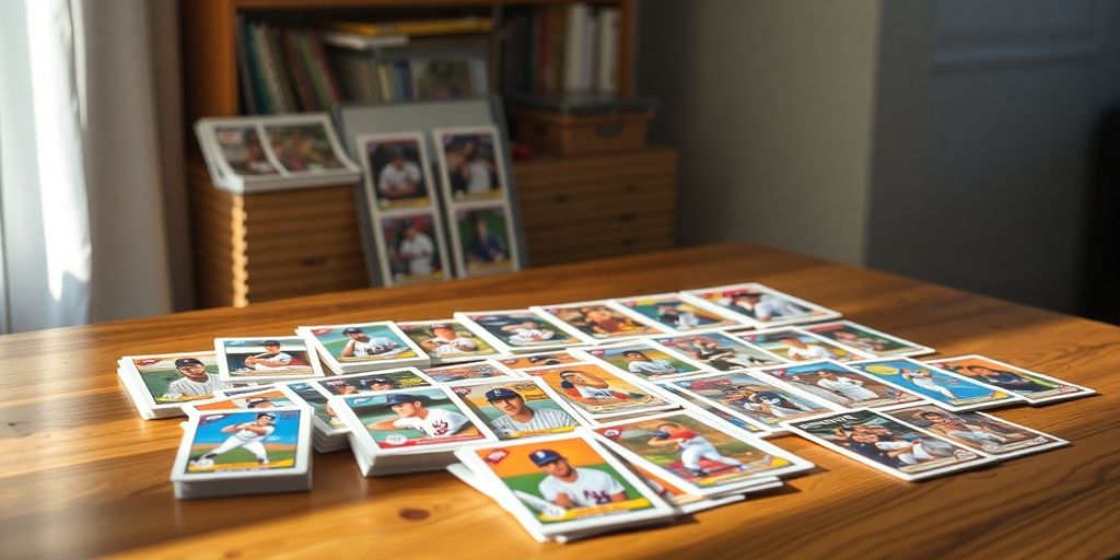 Colorful baseball cards arranged on a wooden table.