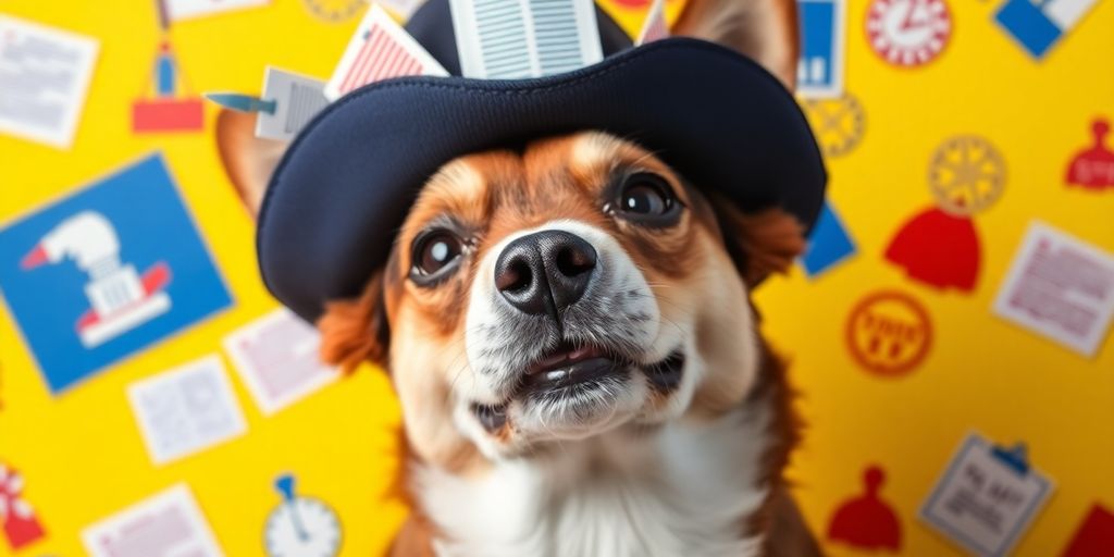 Dog in Bureaucracy Meme Hat with playful political symbols.