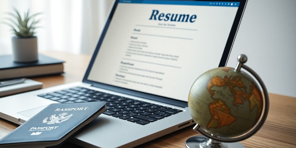 Laptop with CV on screen, passport, and globe