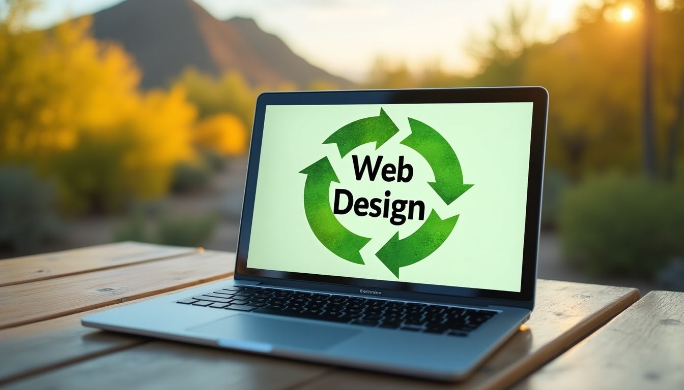 Laptop with 'Web Design' in eco-circle symbol.