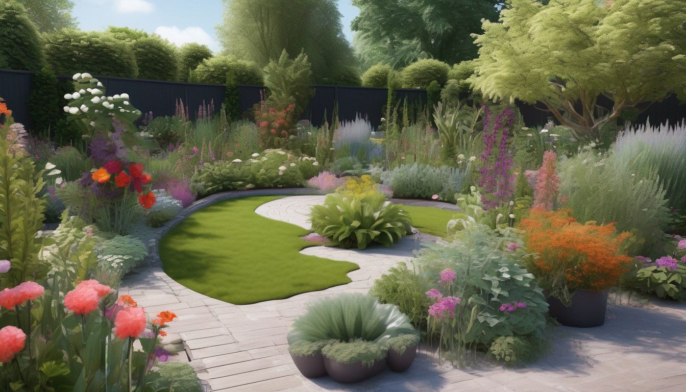 garden with diverse plants and flowers, showcasing companion planting, with visible natural pest control methods