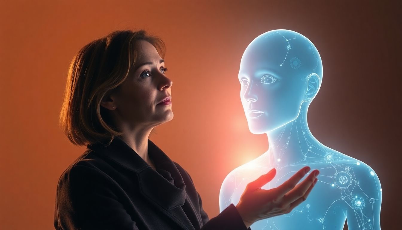 Holographic AI avatar of a deceased person interacting with a living person.
