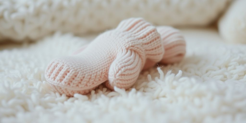 Soft pastel baby mittens on fluffy blanket