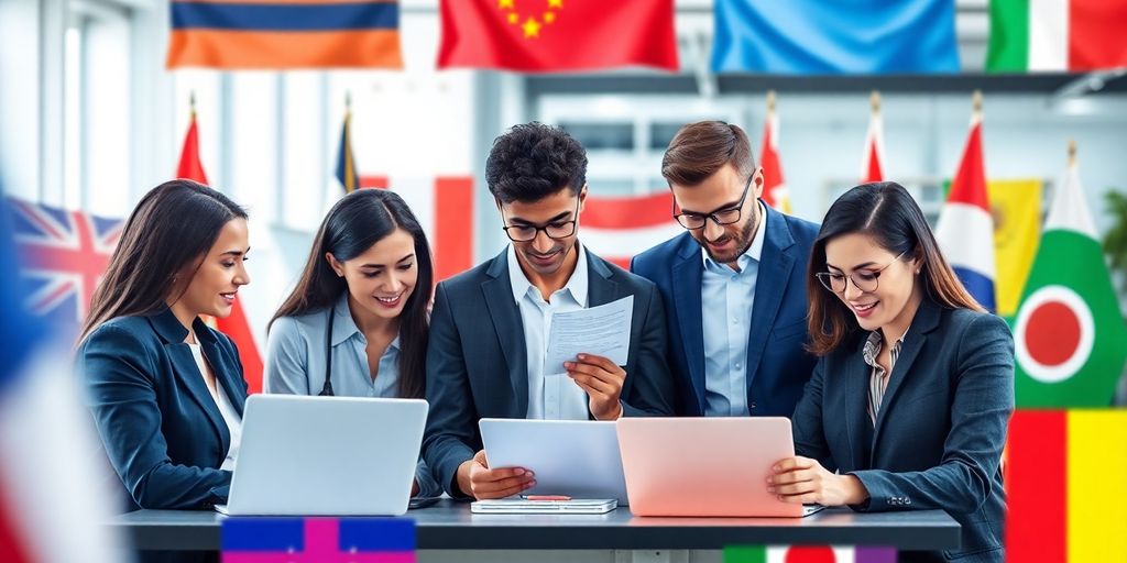 Professionals collaborating on document translation in a modern office.