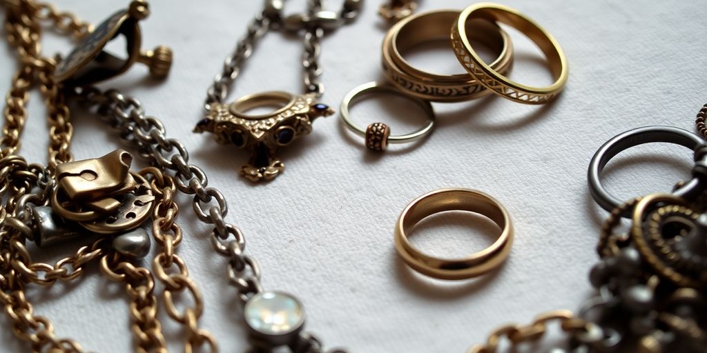 Bijoux cassés et abîmés sur un fond en tissu.