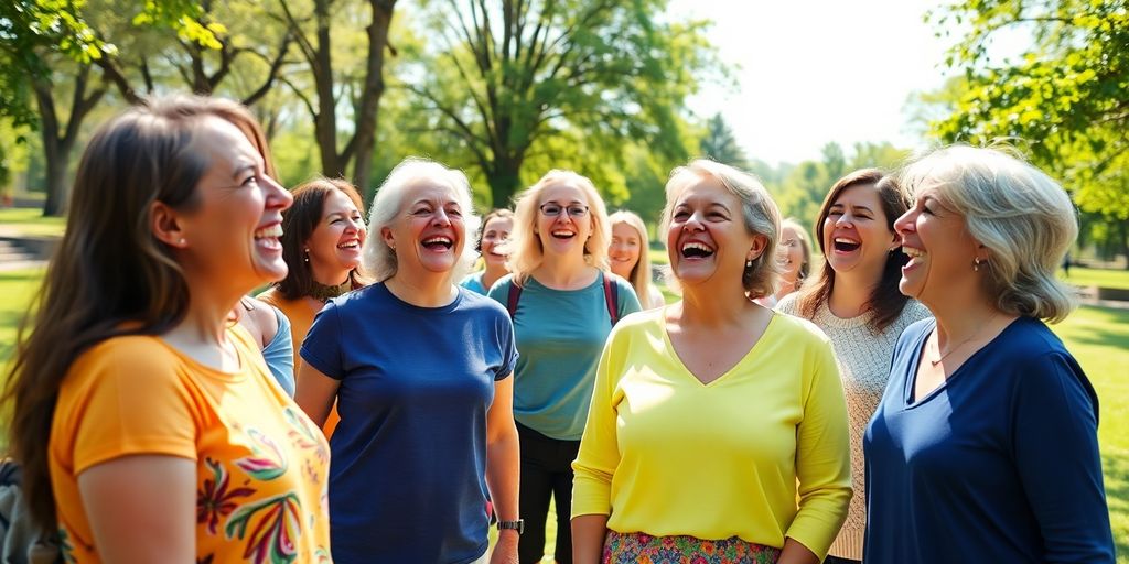 Groep mensen lacht samen tijdens lachyoga sessie.