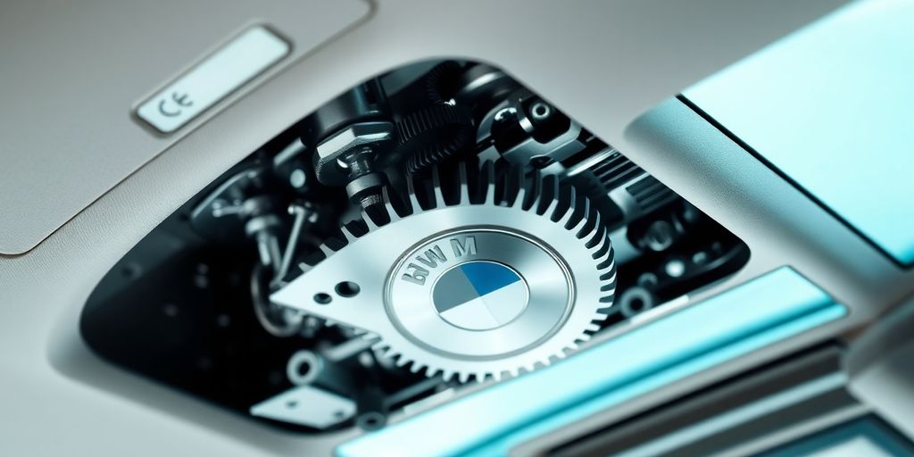 Detailed view of BMW sunroof mechanism components.