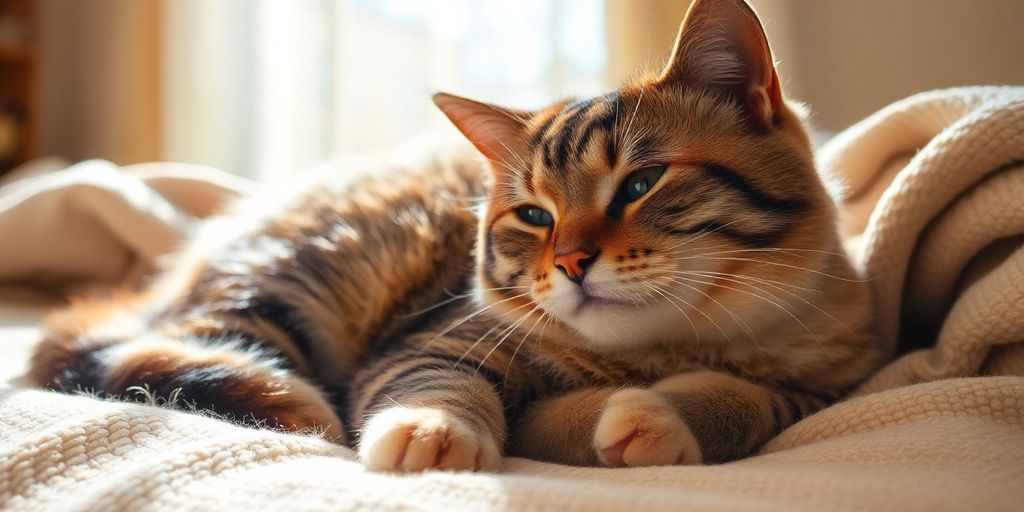 Elderly cat resting on a soft blanket.
