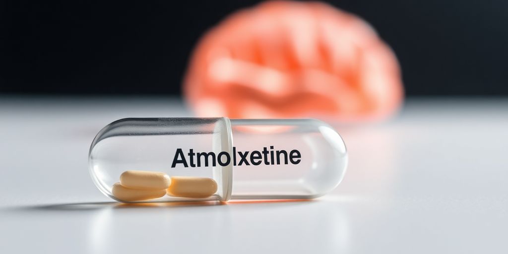 Atomoxetine capsule with blurred brain background.