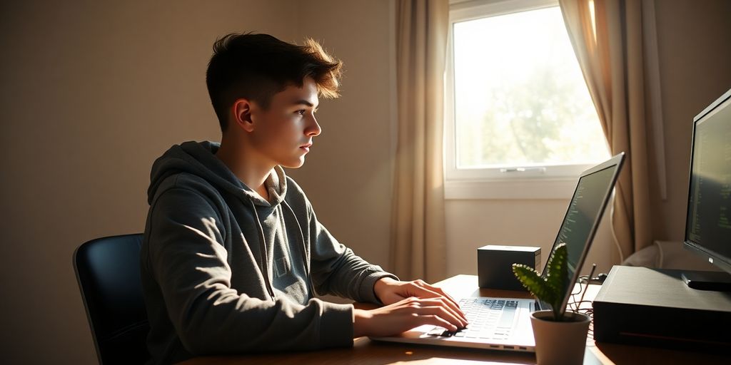 Student coding on a laptop.