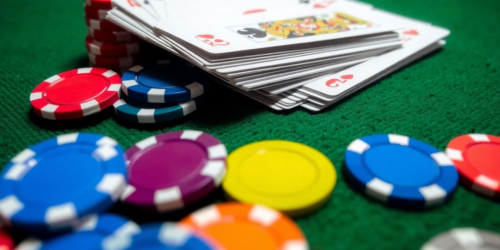 Poker chips and playing cards scattered on felt.