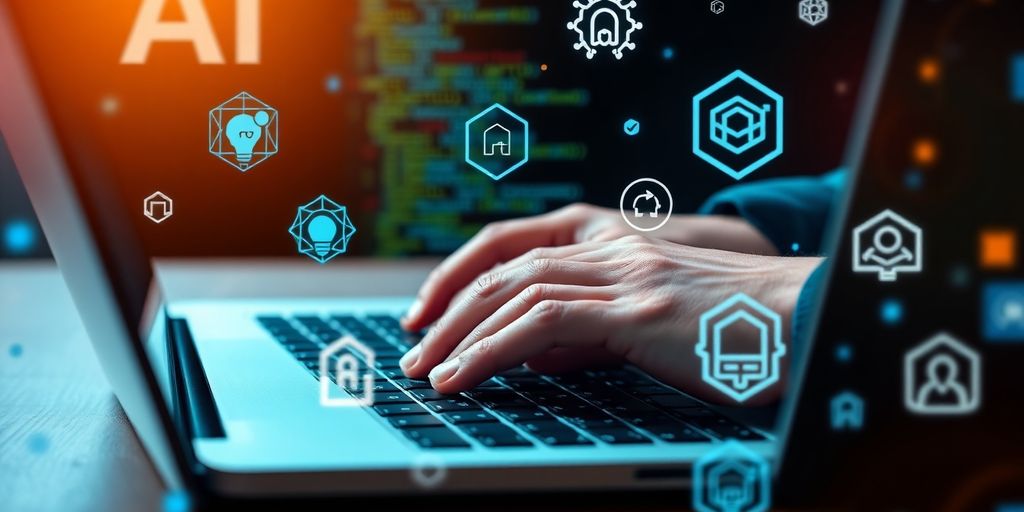 Hands typing on a laptop with AI icons around.