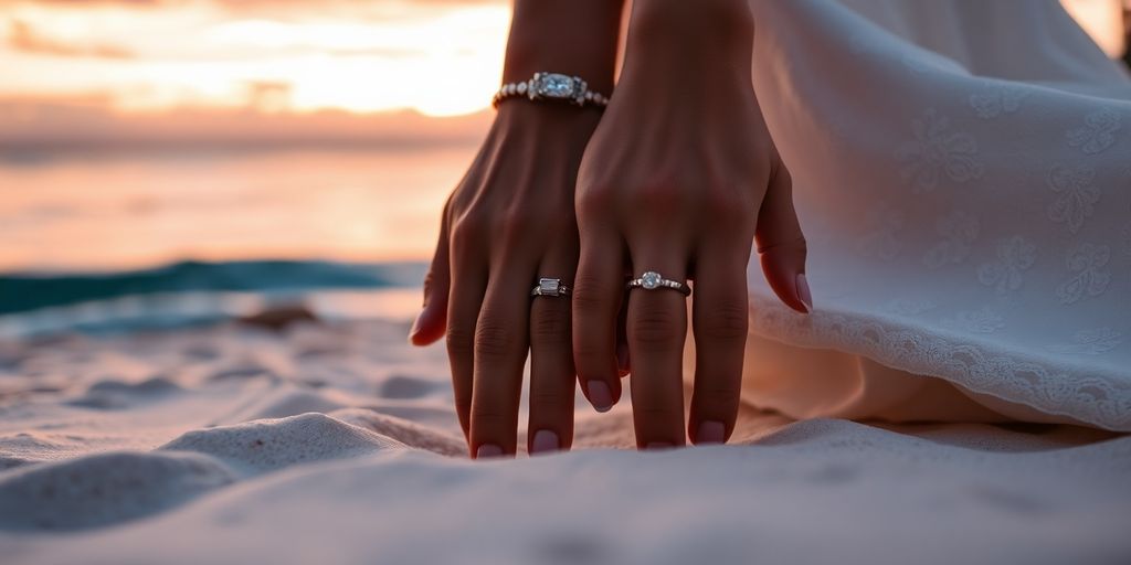 Couple on beach, holding hands, ocean sunset background