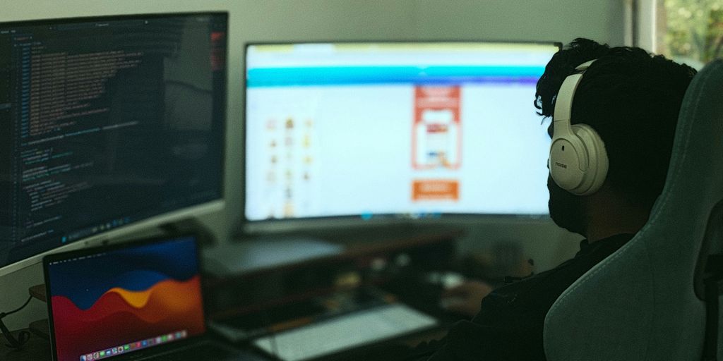 A person works on computer with multiple monitors.