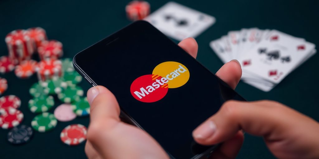 Mastercard on a phone, casino chips.