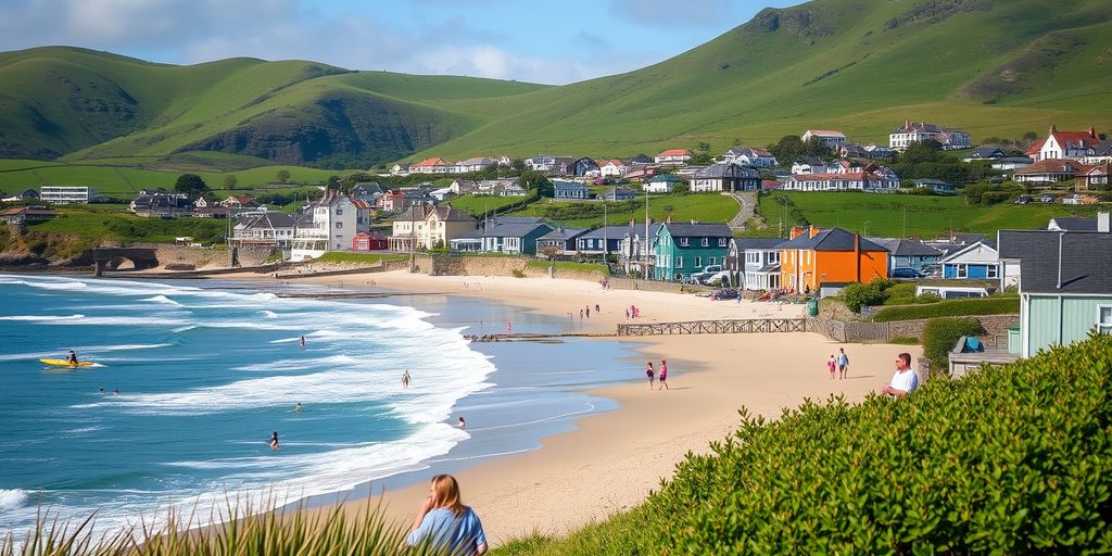 Families at Strandhill beach with surfers and colorful houses