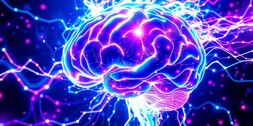 Futuristic glowing brain with digital connections.