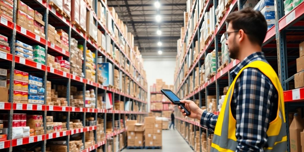 Warehouse with labeled shelves and a scanning device.