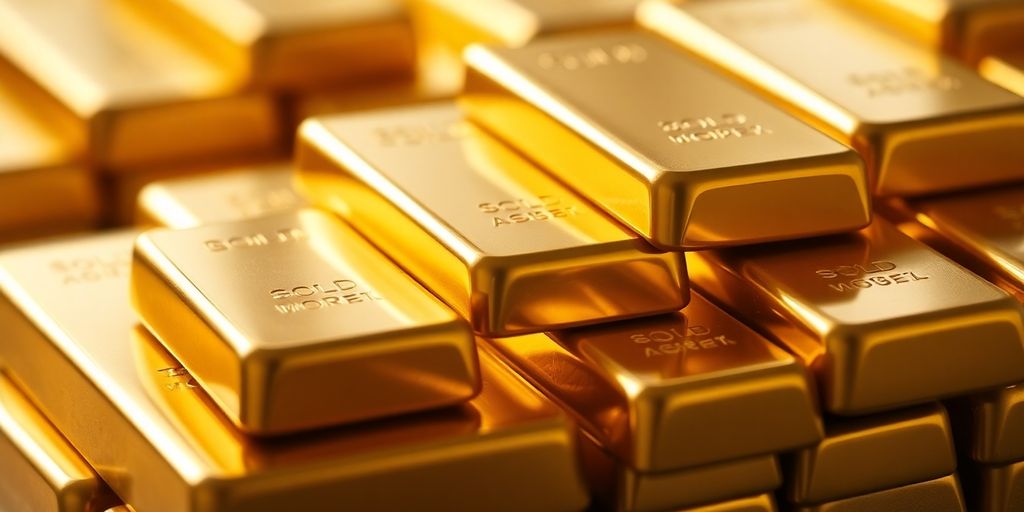 Barres d'or brillantes empilées sur un fond flou.