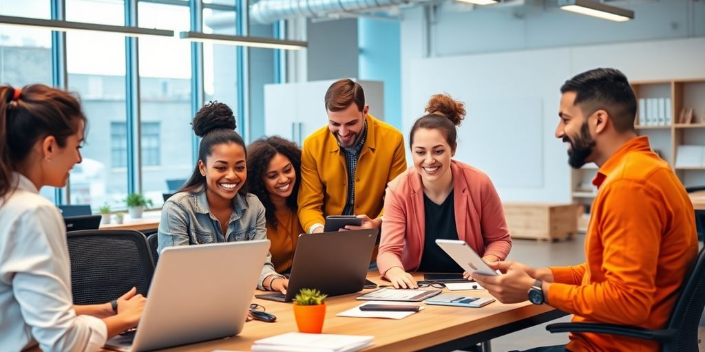 Diverse Amazon sellers collaborating in a modern workspace.