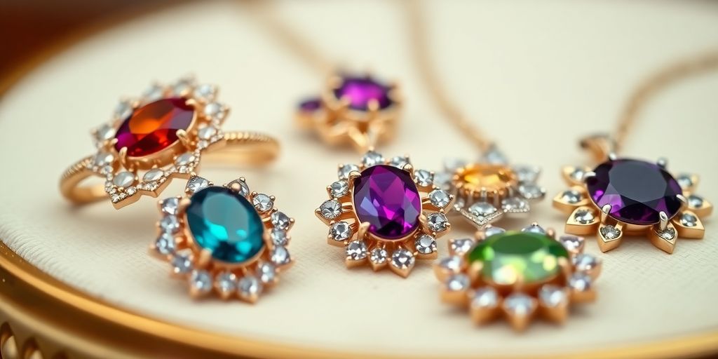 Bijoux en or avec pierres précieuses sur fond flou.