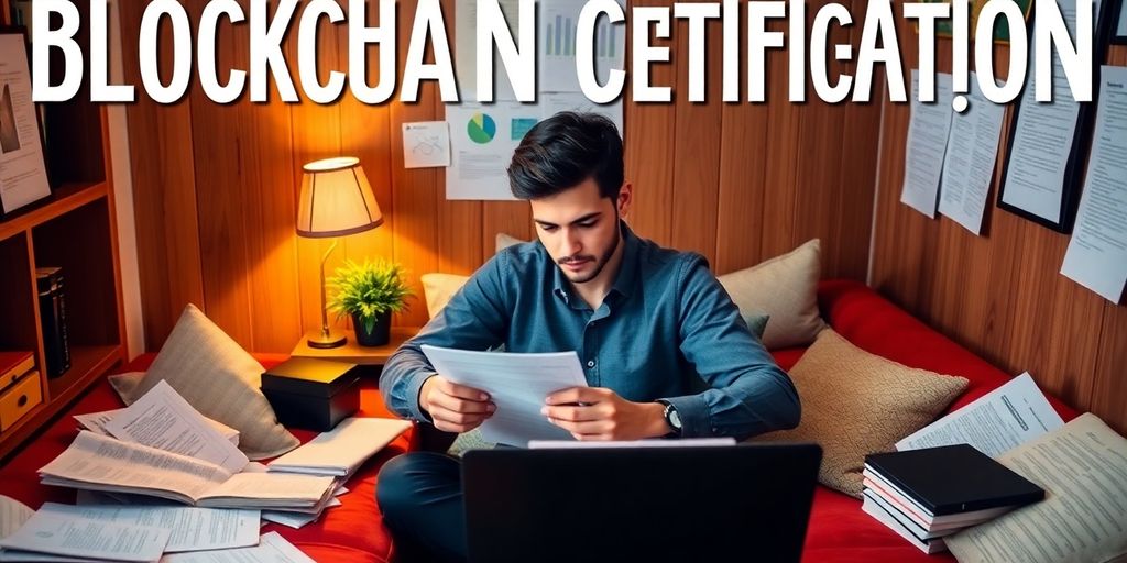 Student studying for blockchain certification exam with papers.