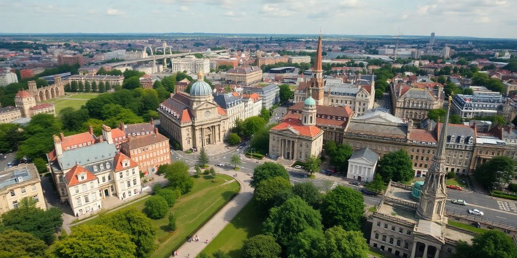 Aerial view of vibrant Welsh cities with green parks.