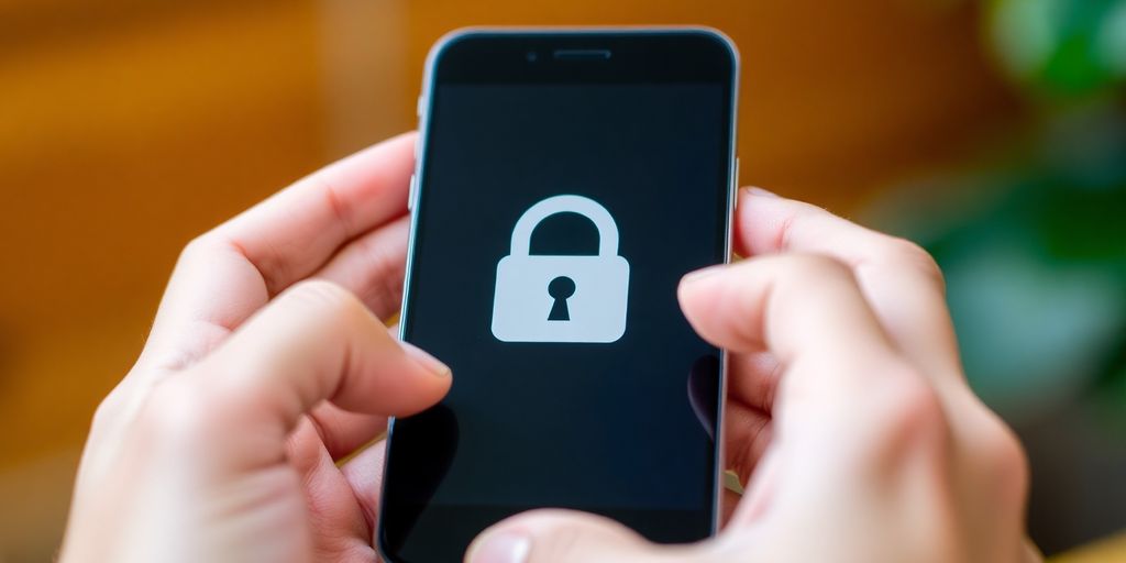 Pessoa digitando em um celular com cadeado.