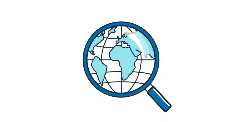 Magnifying glass hovering over a stylized globe.