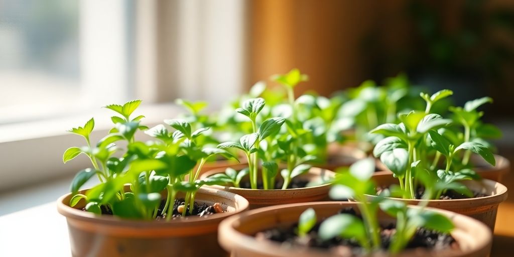 Seedlings emerge from soil in small pots.