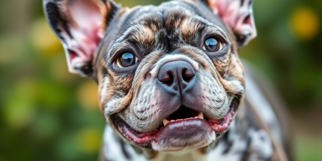 Merle French Bulldog with striking coat patterns and blue eyes.